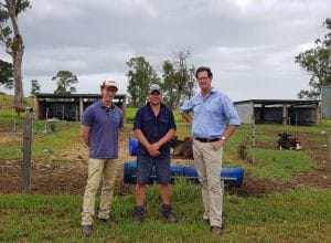 Senior Risk Specialist Stuart Maidment with Andrew Wood, Parmalat Farm Services Commercial Manager and Joel Dorries - owner of Dorries Dairy in Wingham NSW.